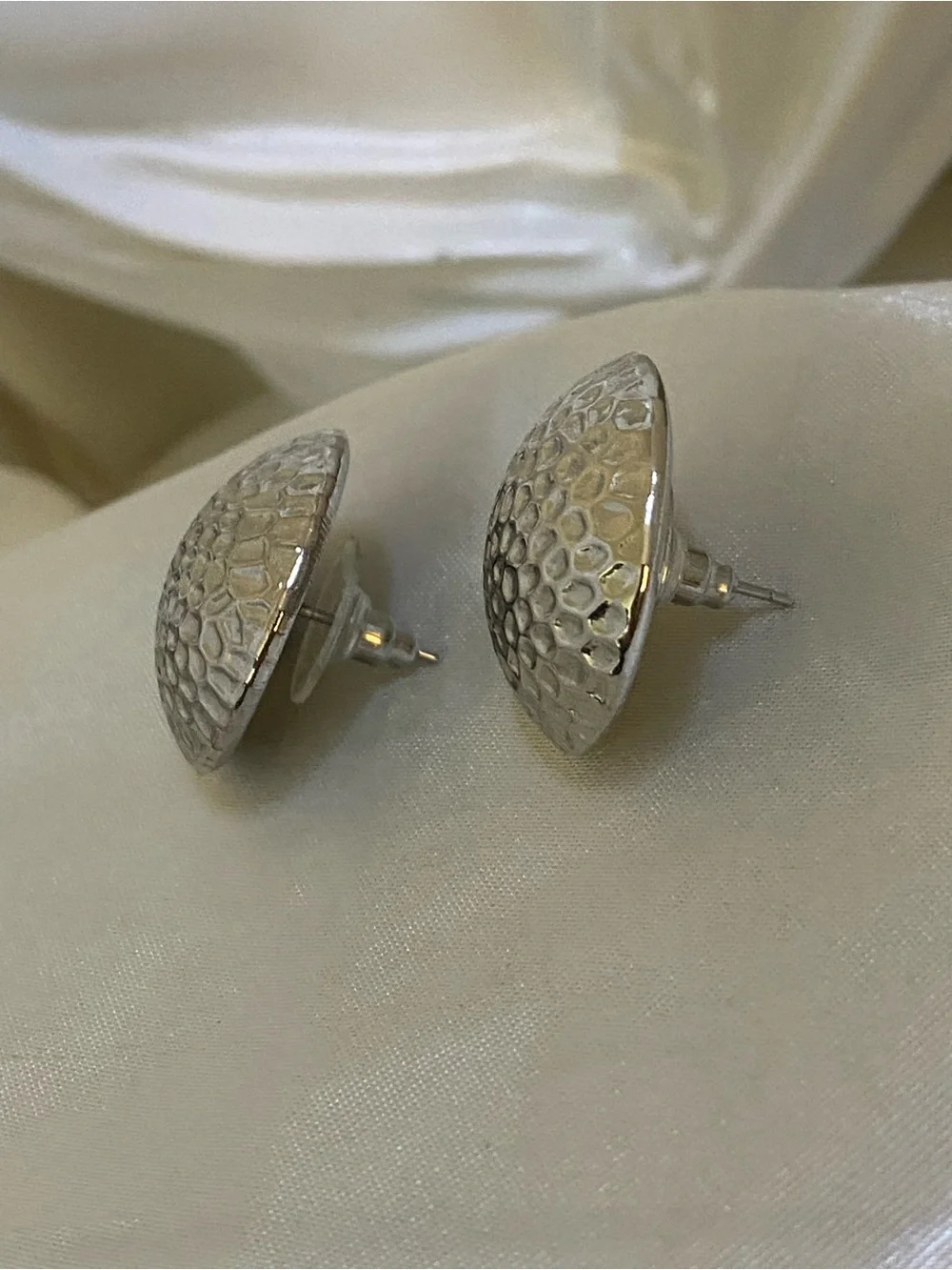 Vintage 1980s Silver Tone Hammered Dome Pierced Earrings Oversized